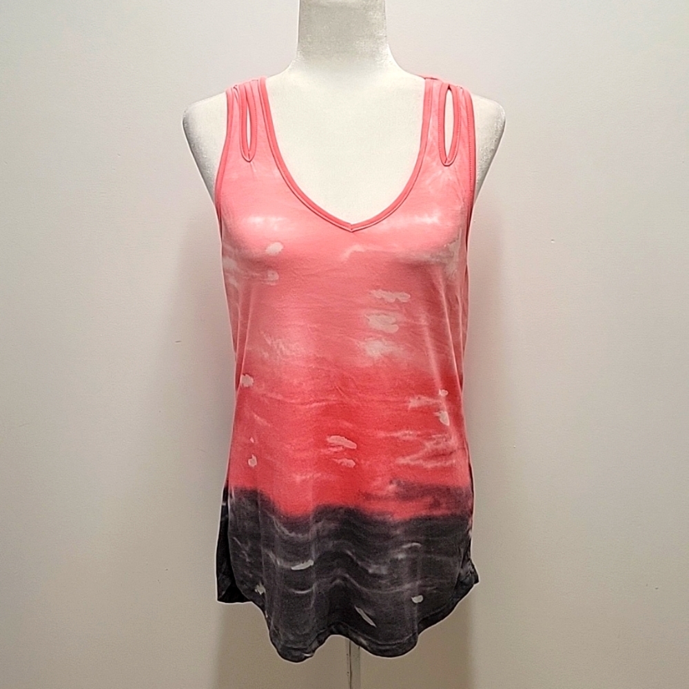 Fuda Tie Dye Tank Top with Slits at Shoulders Pink Gray White V-Neck Size M